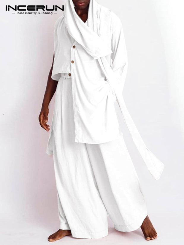 Men Sets Solid Vintage Streetwear 2022 Scarf Irregular Sleeve Asymmetrical Shirts &amp; Wide Leg Pants Men Casual Suits INCERUN 5XL