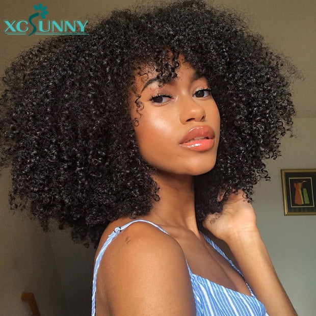 Afro Kinky Curly Wig With Bangs Full Machine Made Scalp Top Wig 200 Density Remy Brazilian Short Curly Human Hair Wigs Xcsunny