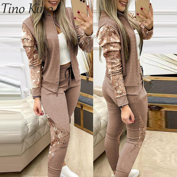 Patchwork Sequin Women&#39;s Tracksuit Zipper Long Sleeve Coat Drawstring Pants Female Sports Sets 2021 New Thin Fashion Ladies Suit