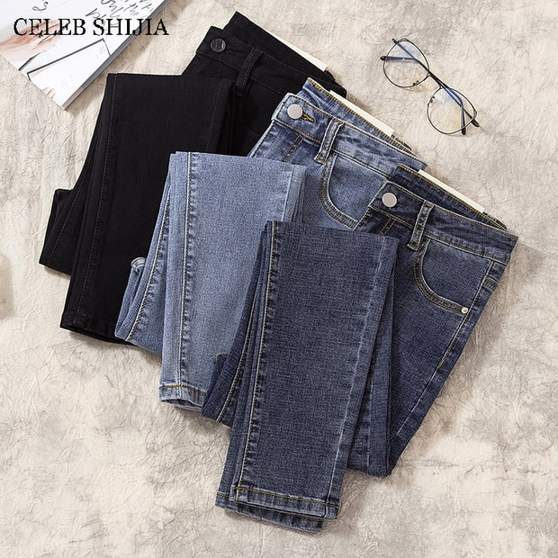 CHIC Elastic Denim Skinny Jeans Woman High Waist Pencil Pants Woman Korean Fashion Show Slim High Light Blue Gray Jean Female