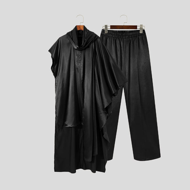 Men Sets Muslim Islamic Arabic Kaftan Sets Loose Solid Asymmetrical Sleeve Robes &amp; Pants Two Pieces Sets Men Suits INCERUN 5XL 7