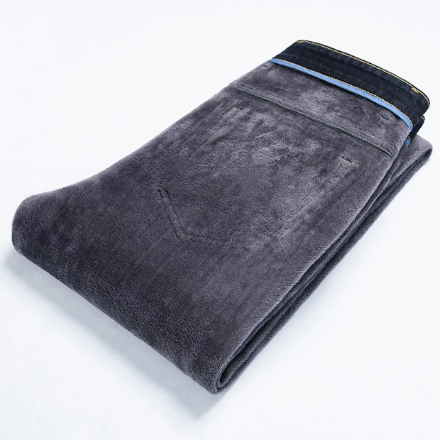Classic Style Winter Men&#39;s Warm Business Jeans Fashion Casual Denim Stretch Cotton Thick Fleece Denim Pants Male Brand Trousers