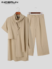 Men Sets Solid Vintage Streetwear 2022 Scarf Irregular Sleeve Asymmetrical Shirts &amp; Wide Leg Pants Men Casual Suits INCERUN 5XL