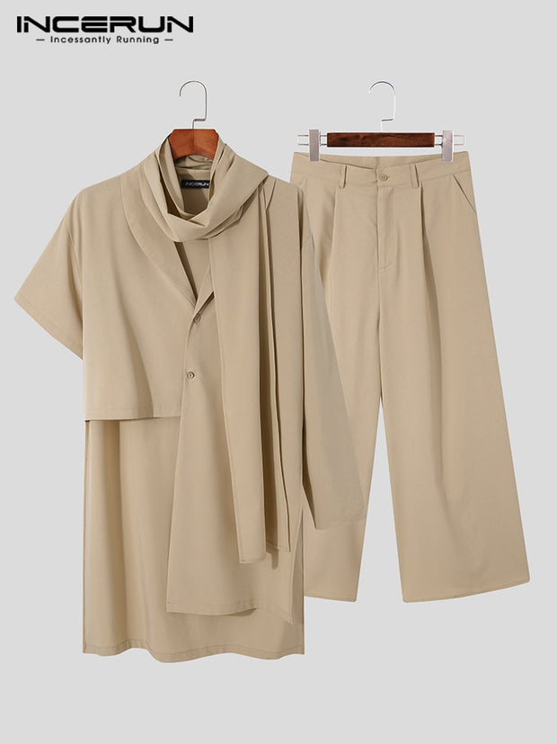 Men Sets Solid Vintage Streetwear 2022 Scarf Irregular Sleeve Asymmetrical Shirts &amp; Wide Leg Pants Men Casual Suits INCERUN 5XL