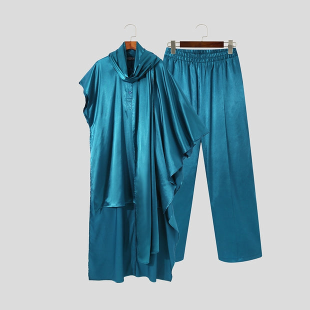 Men Sets Muslim Islamic Arabic Kaftan Sets Loose Solid Asymmetrical Sleeve Robes &amp; Pants Two Pieces Sets Men Suits INCERUN 5XL 7