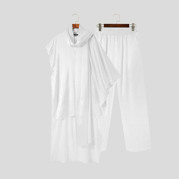 Men Sets Muslim Islamic Arabic Kaftan Sets Loose Solid Asymmetrical Sleeve Robes &amp; Pants Two Pieces Sets Men Suits INCERUN 5XL 7