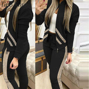 Patchwork Sequin Women&#39;s Tracksuit Zipper Long Sleeve Coat Drawstring Pants Female Sports Sets 2021 New Thin Fashion Ladies Suit
