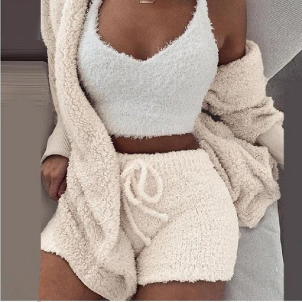 2022 New Autumn Winter Women&#39;s Velvet Pajamas Set Crop Top+Long Pants+Coat 3 Pieces Suit Warm Soft Fleece Homewear Pyjamas S-3XL