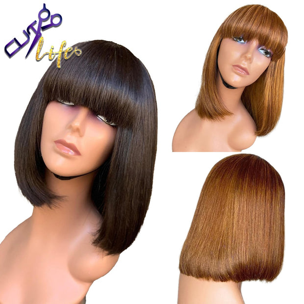 Straight Bob Human Hair Wig With Bangs Brazilian Honey Natural Full Machine Made For Black Women Ombre Brown Honey Blonde Wig