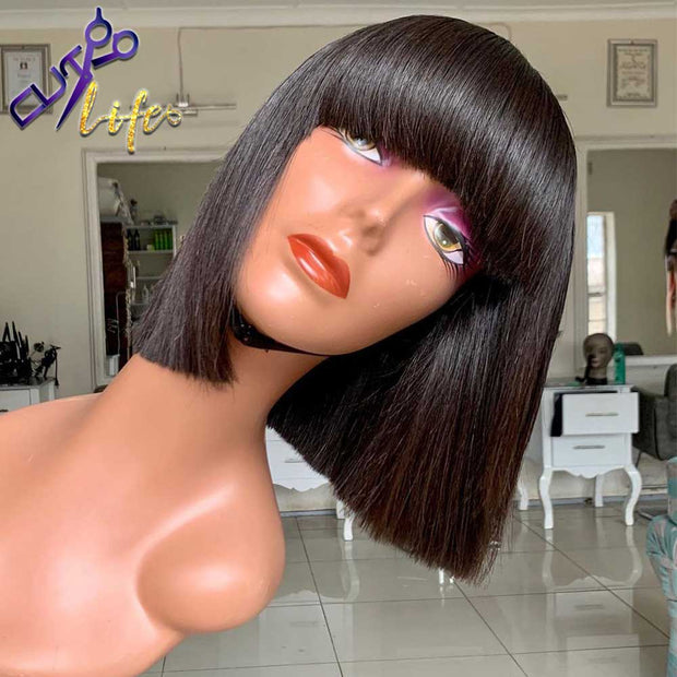 Straight Bob Human Hair Wig With Bangs Brazilian Honey Natural Full Machine Made For Black Women Ombre Brown Honey Blonde Wig