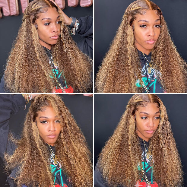 30 32 Inch Highlight Ombre T Part Lace Wig Curly Human Hair Wigs Honey Blonde Colored Deep Wave For Black Women