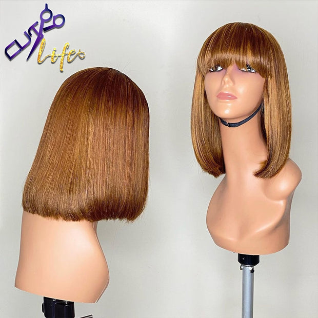Straight Bob Human Hair Wig With Bangs Brazilian Honey Natural Full Machine Made For Black Women Ombre Brown Honey Blonde Wig