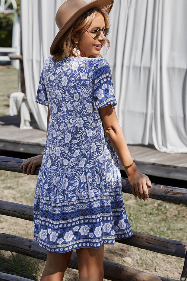 Bohemian Print Gathered Bust Mini Dress - Summer Dress - Beach Dress