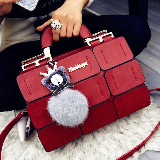 Women Bags2021 New Nine Square Grid Stitching Shoulder Bag European And American Woolen Bear Hair Ball Handbag Messenger Bag