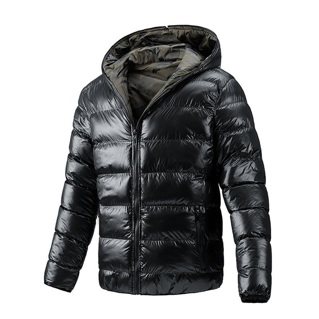 Men's Winter Quilted Jacket Hooded Thick Double Sided Coat High Quality Smooth Shiny Zipper Casual Sport Business Fashion Trend
