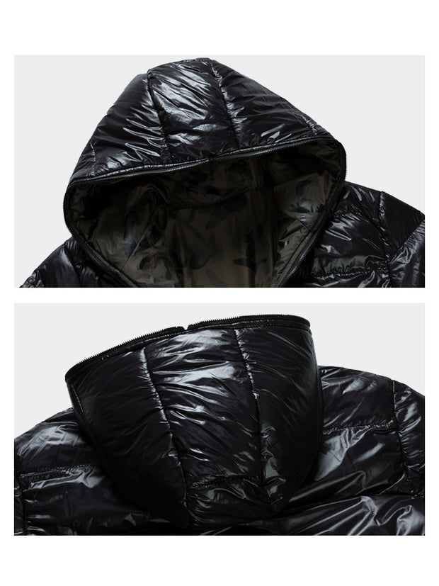 Men's Winter Quilted Jacket Hooded Thick Double Sided Coat High Quality Smooth Shiny Zipper Casual Sport Business Fashion Trend