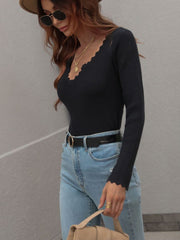 V 领罗纹针织上衣