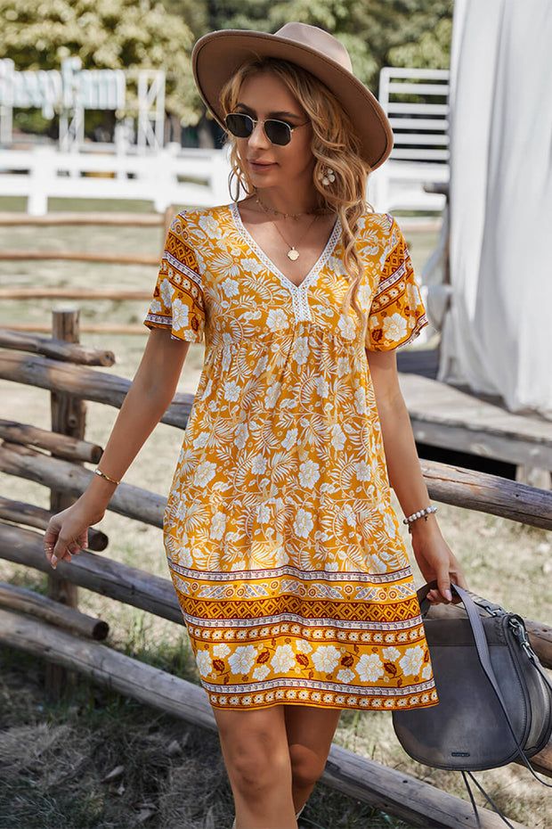 Bohemian Print Gathered Bust Mini Dress - Summer Dress - Beach Dress