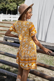 Bohemian Print Gathered Bust Mini Dress - Summer Dress - Beach Dress